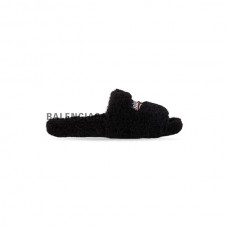 desconto feminino Balenciaga Sandália Furry Slide Masculina em preto/branco/vermelho