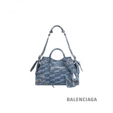 Preços baixos réplica Balenciaga Bolsa feminina Neo Cagole City Bb Monogram denim descolorido em azul